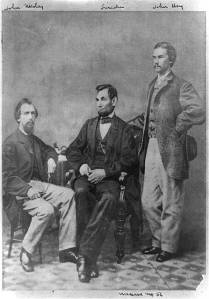 John G. Nicolay on left with President Lincoln and John Hay taken November 8, 1863 by Alexander Gardner in his Washington studio. Image from the Library of Congress collection.
